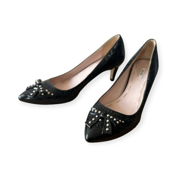Miu Miu Black Patent Pumps with Studded Bow with perfs, Size 38.5 EU - Picture 5 of 14